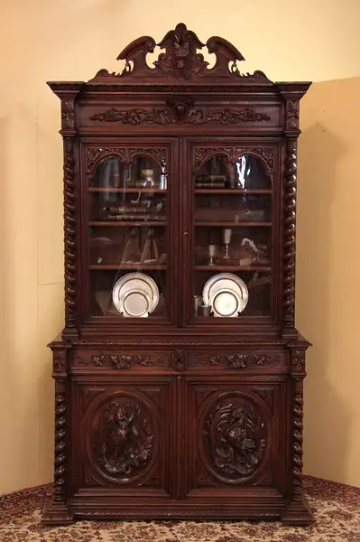 Main image of Black Forest Antique Oak Hunt Cabinet or Bookcase