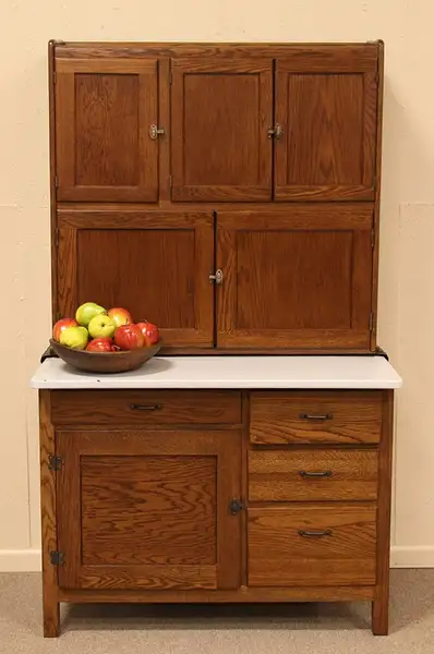 Main image of Hoosier Signed Oak Kitchen Cabinet, Porcelain Top