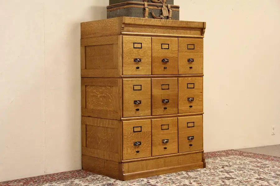 Main image of Oak Stacking 1900 Antique 9 Drawer File Cabinet, Original Hardware