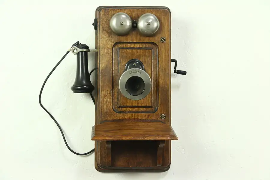Main image of Oak Antique 1900's Wall Telephone, Crank Generator & Bells, All Original
