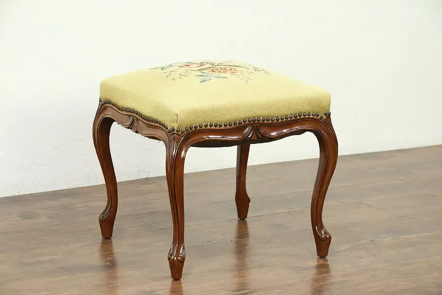 Main image of Stool or Bench, Antique 1900 Hand Carved Walnut, Needlepoint, Signed