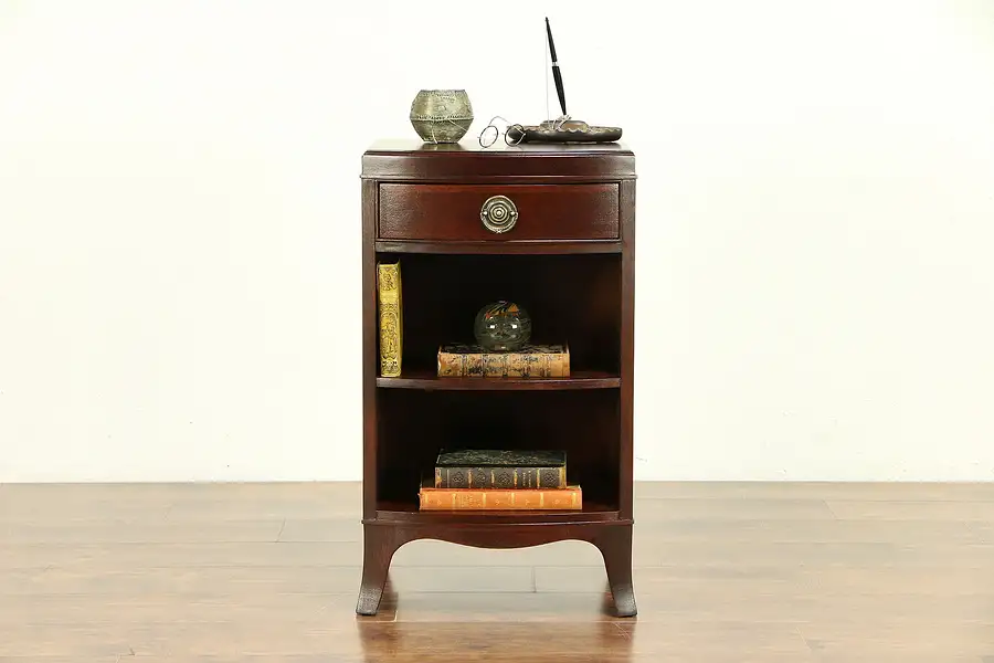 Main image of Mahogany Vintage Nightstand, Curved Front, Signed Rway, Sheboygan WI