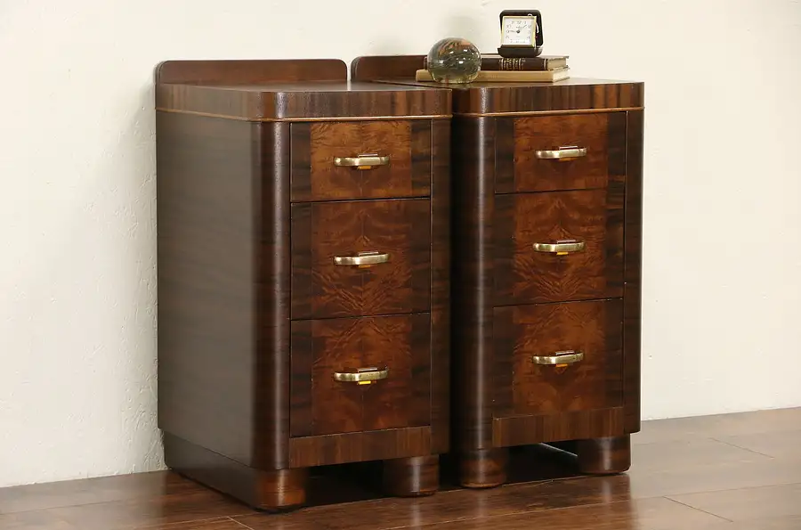 Main image of Pair of Art Deco 1940 Vintage Mahogany and Burl Nightstands