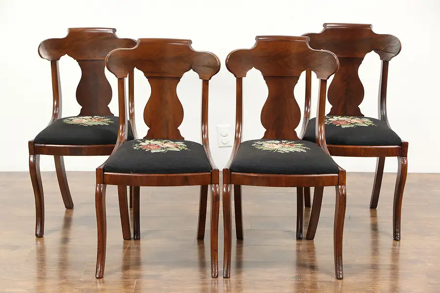 Main image of Set of 4 Empire 1830's Antique Dining or Game Table Chairs, Needlepoint