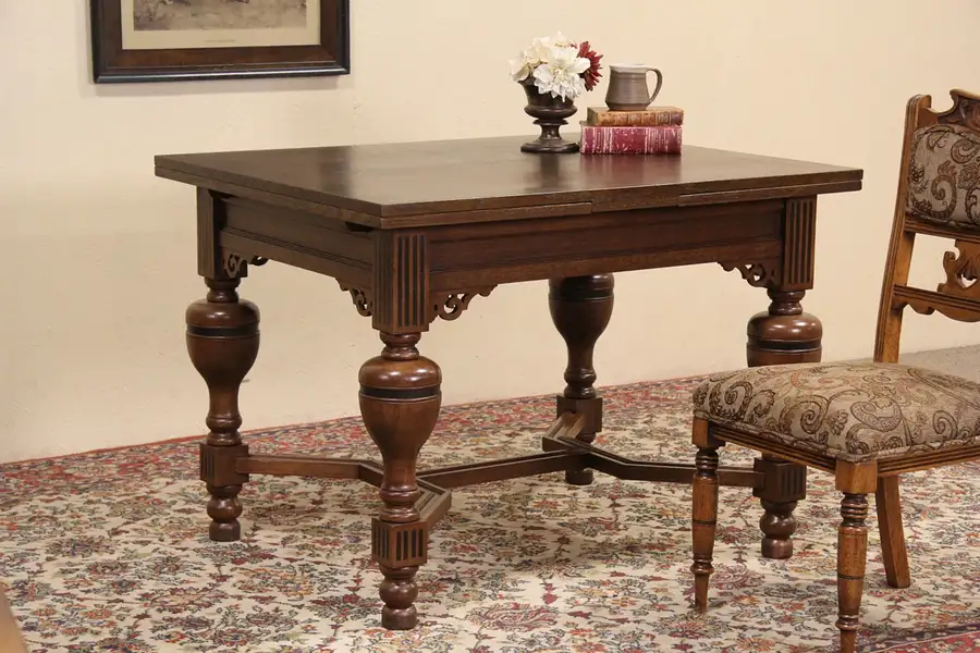 Main image of Dutch Antique 1890's Oak & Ebony Dining Table or Library Writing Desk