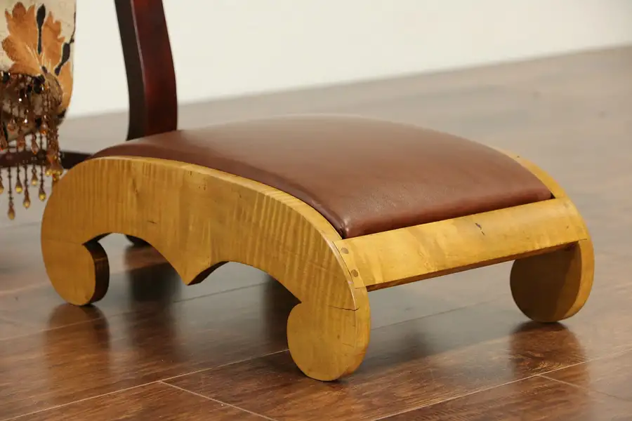 Main image of Curly Tiger Maple & Leather 1890's Antique Footstool