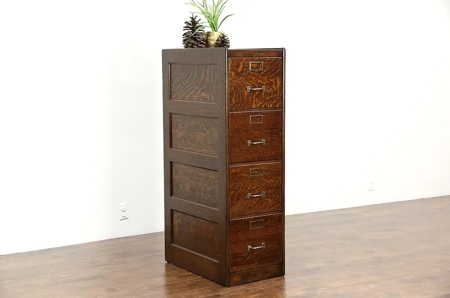 Main image of Quartersawn Oak 1910 Antique 4 Drawer File Cabinet, Signed Wagemaker, MI