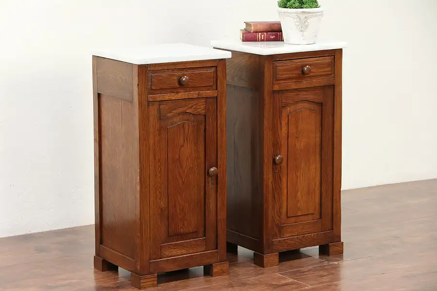 Main image of Pair French Antique Oak Nightstands, Raised Panels, Marble Tops