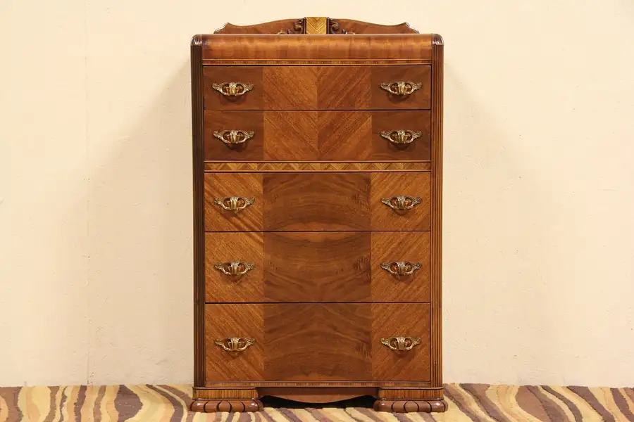 Main image of Art Deco 1930's Waterfall Tall Chest, Bakelite Pulls