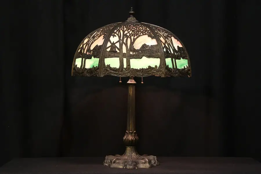 Main image of Stained Glass 1915 Antique Windmills Multicolor Panel Lamp