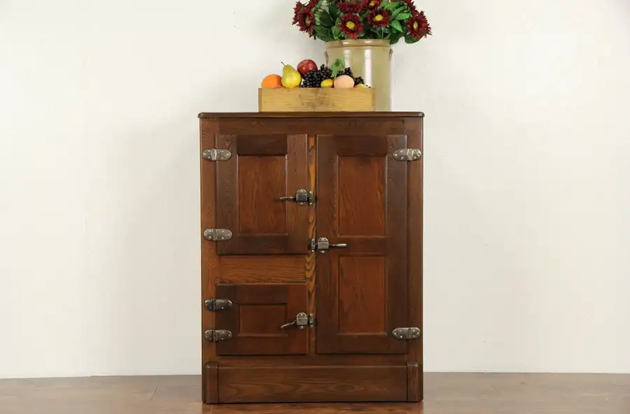 Main image of Oak 1900 Antique Paneled Ice Box, Nickel Hardware