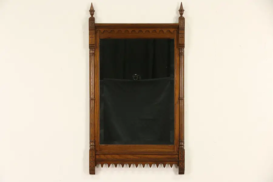 Main image of Oak Victorian Gothic or Eastlake Wall Mirror, Beveled