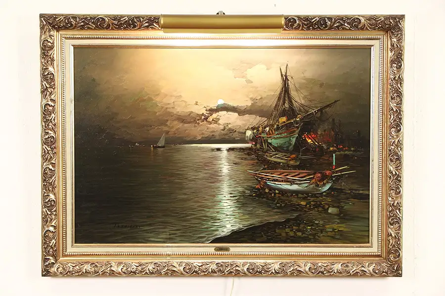 Main image of Italian Riviera Fishing Village, Vintage Original Oil Painting, Signed Torrielli