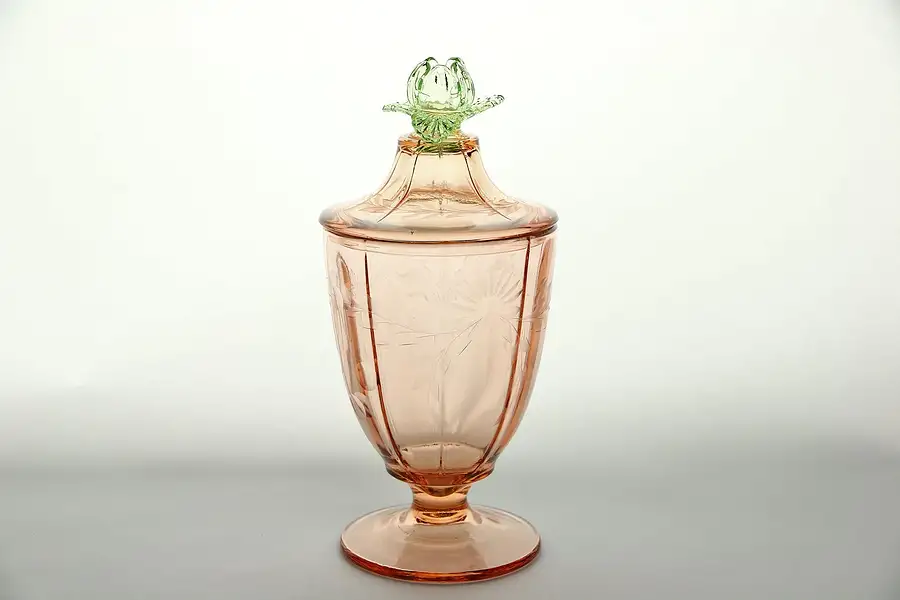 Main image of Cambridge Signed Pink & Green 1930's Vintage Covered Glass Jar, Hand Cut
