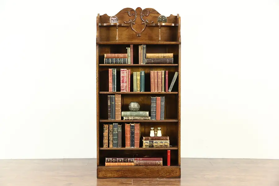 Main image of Victorian 1900 Antique Carved Oak Bookcase or Bath Cabinet, Adjustable Shelves
