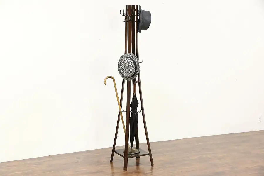 Main image of Arts & Crafts Mission Oak Antique Craftsman Umbrella Hall Stand, Coat Hat Hooks