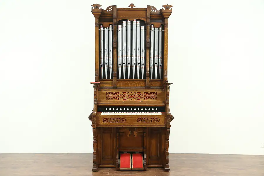 Main image of Victorian Eastlake Antique Carved Oak Pump or Reed Organ, Pipes
