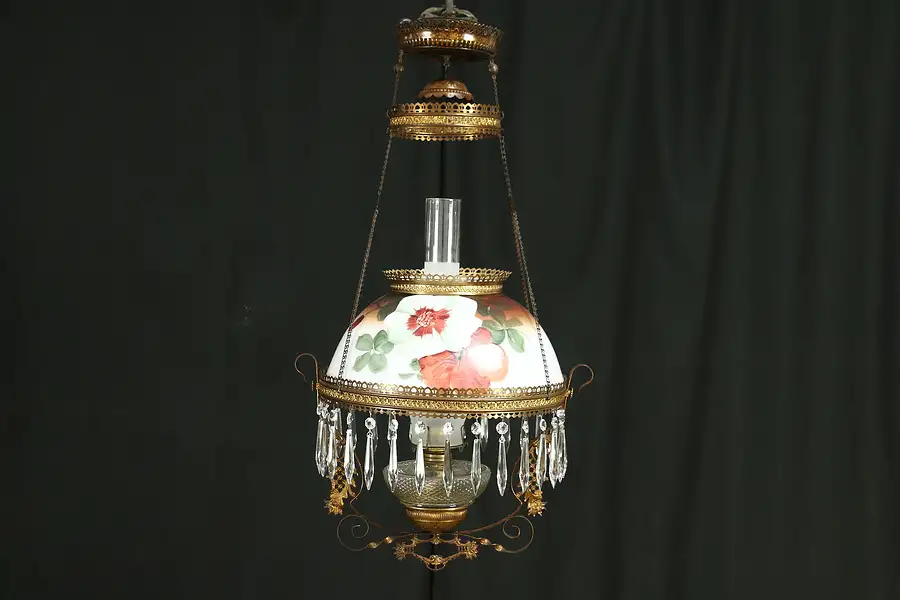 Main image of Victorian Antique Hanging Oil Lamp, Hand Painted Floral Glass Shade