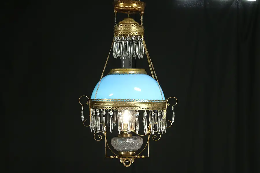Main image of Victorian Antique Hanging Lamp or Chandelier, Blue Art Glass Shade, Electrified
