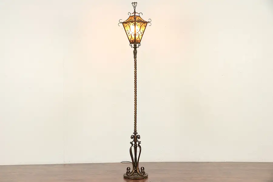 Main image of Stained Glass & Bronze Hand Painted Antique Floor Lamp or Lantern