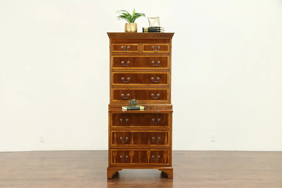 Main image of English Vintage Tall Chest on Chest, Ebony Banded Yew Wood