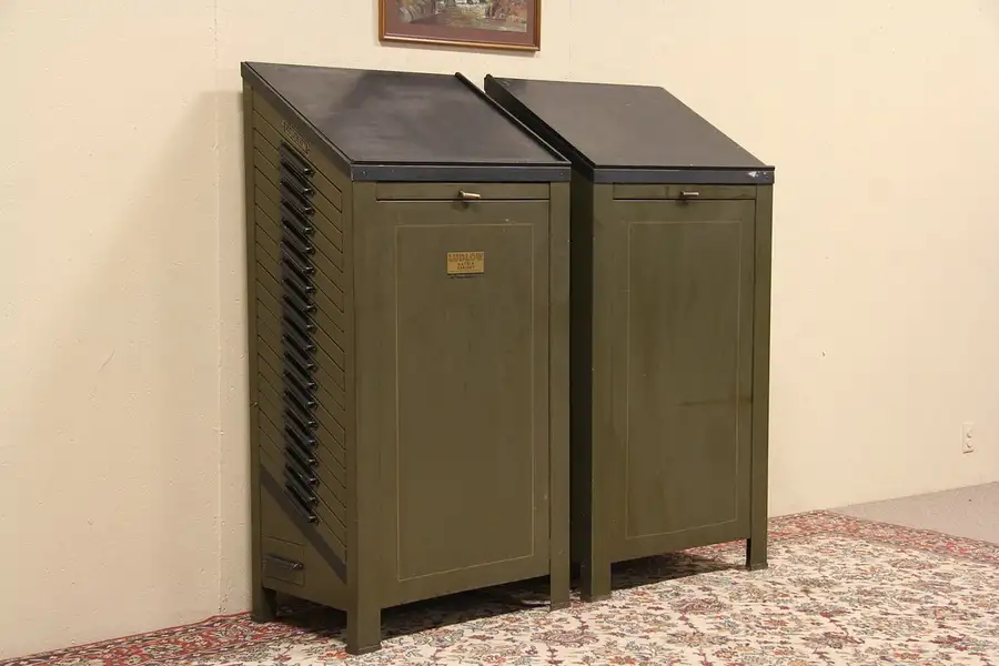 Main image of Pair Ludlow 1920 Typesetter Desk & Printer File Cabinets, Divided Type Drawers