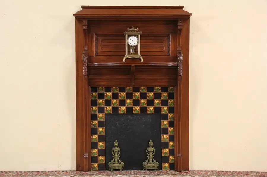 Main image of Fireplace Mantel & Surround, 1890's Carved Antique Architectural Salvage & Tiles