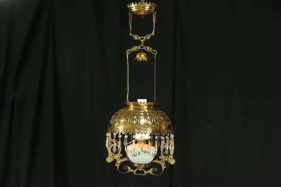 Main image of Victorian 1880 Antique Hanging Lamp Brass Shade Light Fixture, Electrified