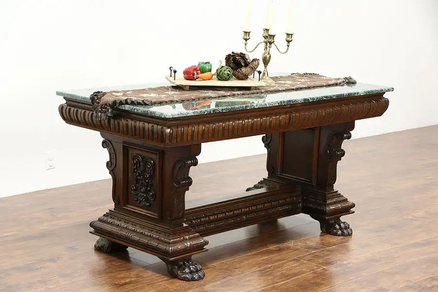 Main image of Italian Renaissance 1900 Antique Library Desk or Dining Table, Marble Top