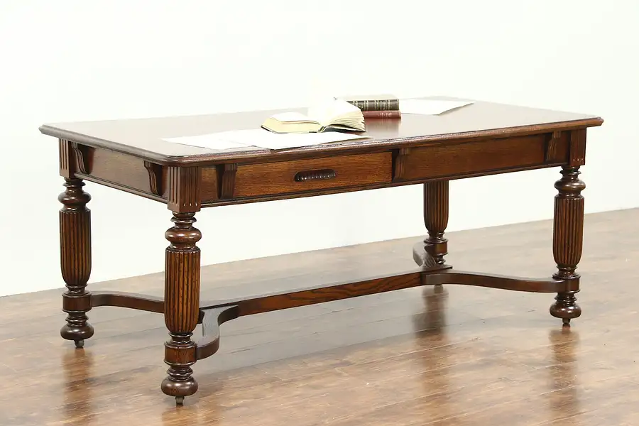 Main image of Victorian 1885 Antique Oak Partner Writing Desk, Conference Library Table