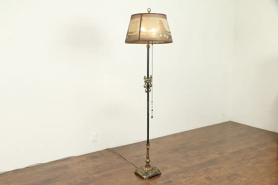 Main image of Gold Filigree Antique 1915 Floor Lamp, Original Hand Painted Screen Shade