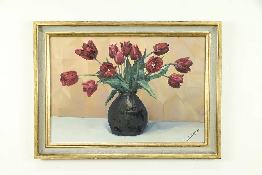 Main image of Tulips Still Life Vintage Danish Oil Painting, Geo. Vuylsteke, 1944