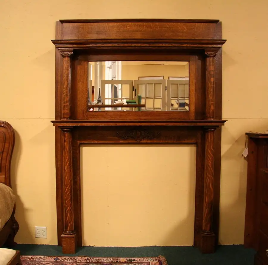 Main image of Oak Fireplace Mantel, Beveled Mirror, Columns c 1900