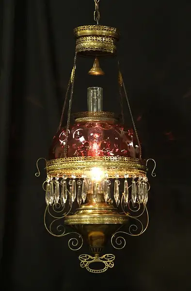 Main image of Victorian Hanging Brass & Cranberry Glass Lamp