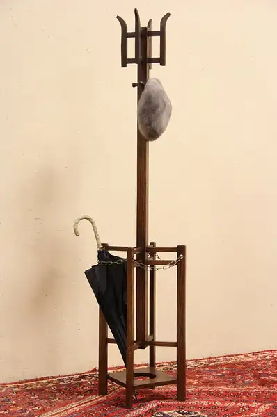 Main image of Arts & Crafts Mission Oak 1905 Hall Umbrella Stand, Coat Tree