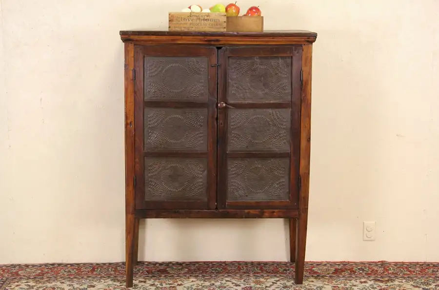 Main image of Primitive Country Pine Antique 1870 Pie Safe Cupboard, Punched Tin Panels