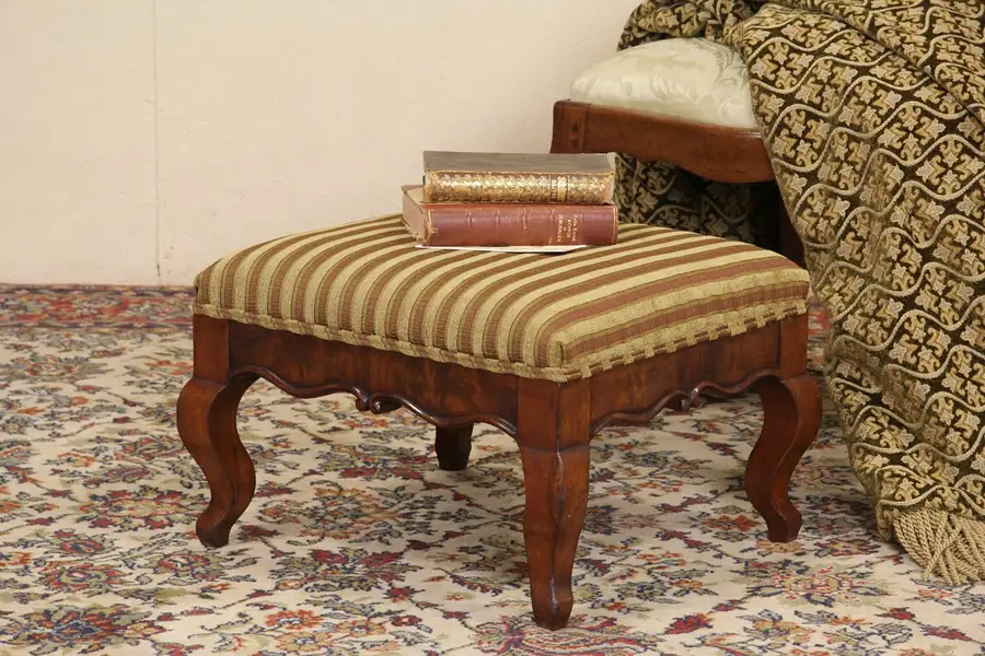 Main image of Carved 1850's Antique Foot Stool, Newly Upholstered