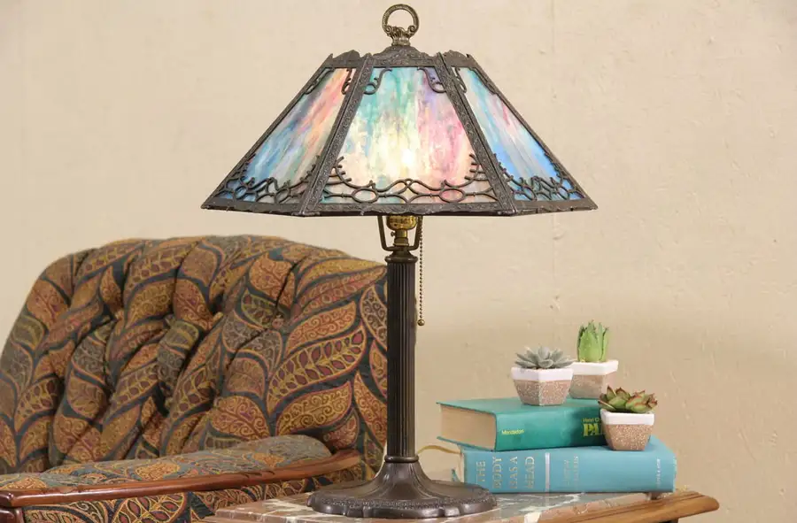 Main image of Lamp with Blue Stained Glass Shade, 1920's Antique