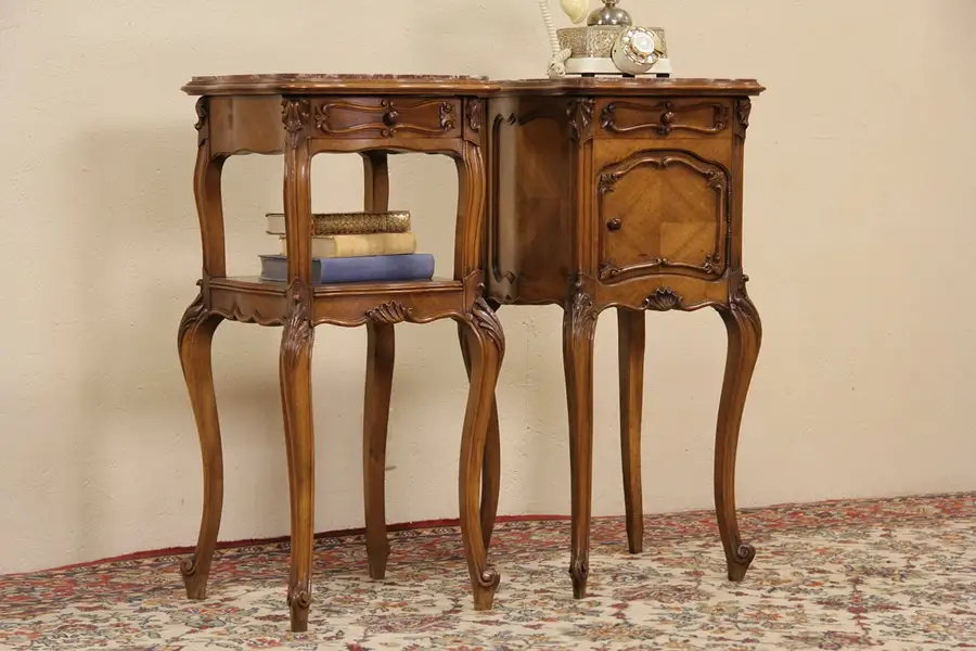 Main image of French Pair 1900 Antique Carved Walnut Marble Top Nightstands or Bedside Tables