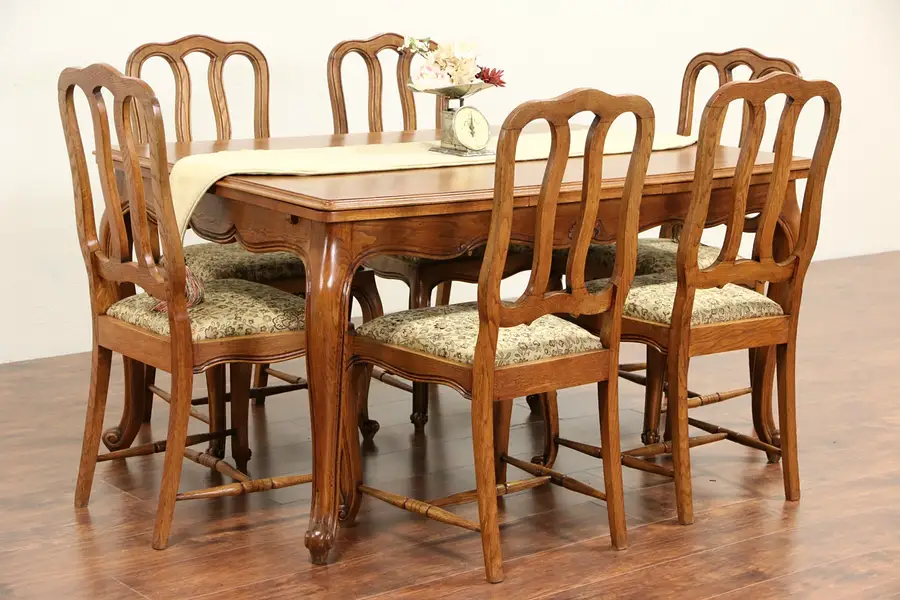Main image of Country French Carved Oak 1910 Dining Set, Table & 2 Draw Leaves, 6 Chairs