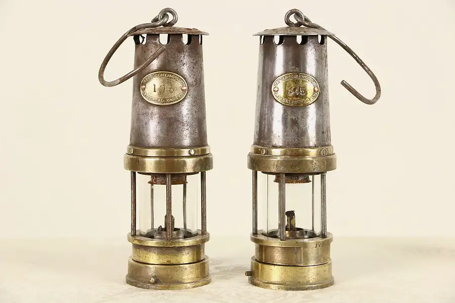 Main image of Pair of 1900 Antique Coal Miner Oil Lanterns, Signed Patterson Lamp England