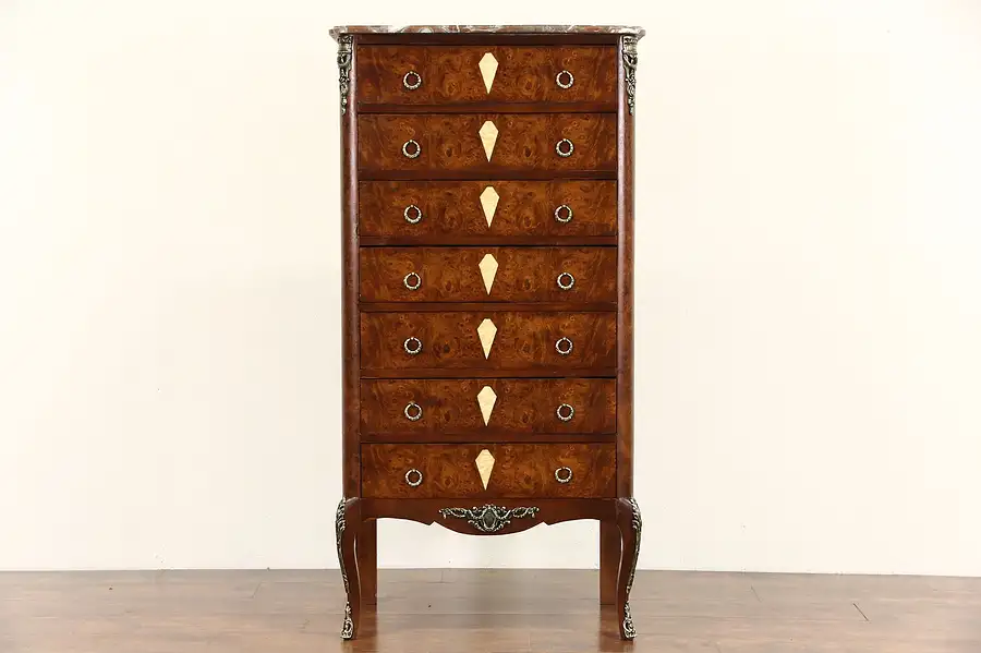 Main image of French 1920's Antique Lingerie Chest Semainier, 7 Drawers, Marble, & Pearl Inlay