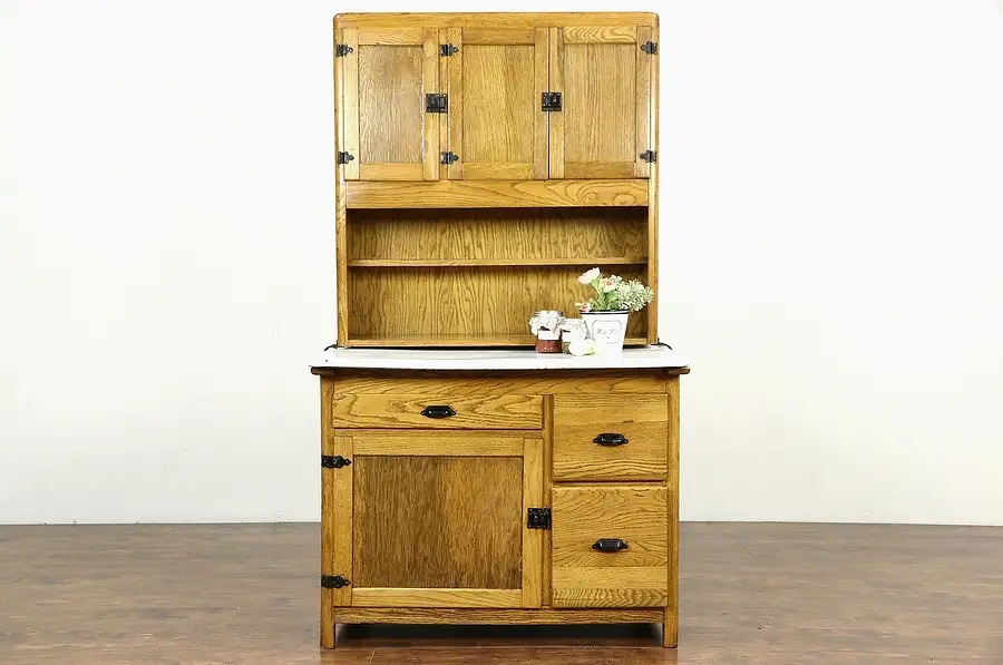 Main image of Hoosier Oak Antique 1915 Kitchen Pantry Cupboard, Pull Out Enamel Top