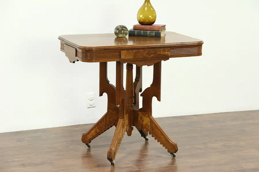Main image of Victorian Eastlake Antique 1890 Walnut & Burl Parlor or Lamp Table