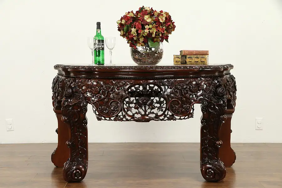 Main image of Chinese Vintage Carved Rosewood & Marble Console Table