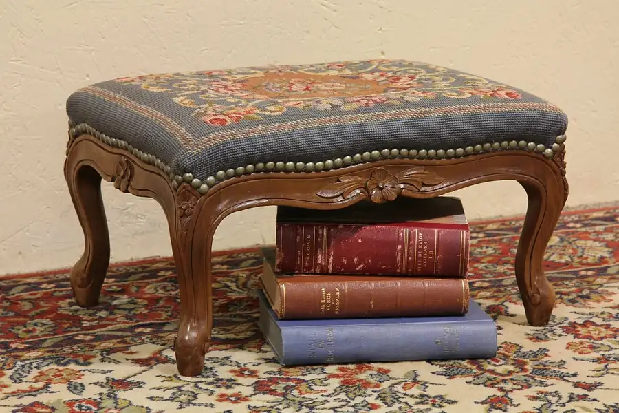 Main image of Pettipoint & Needlepoint Carved Footstool
