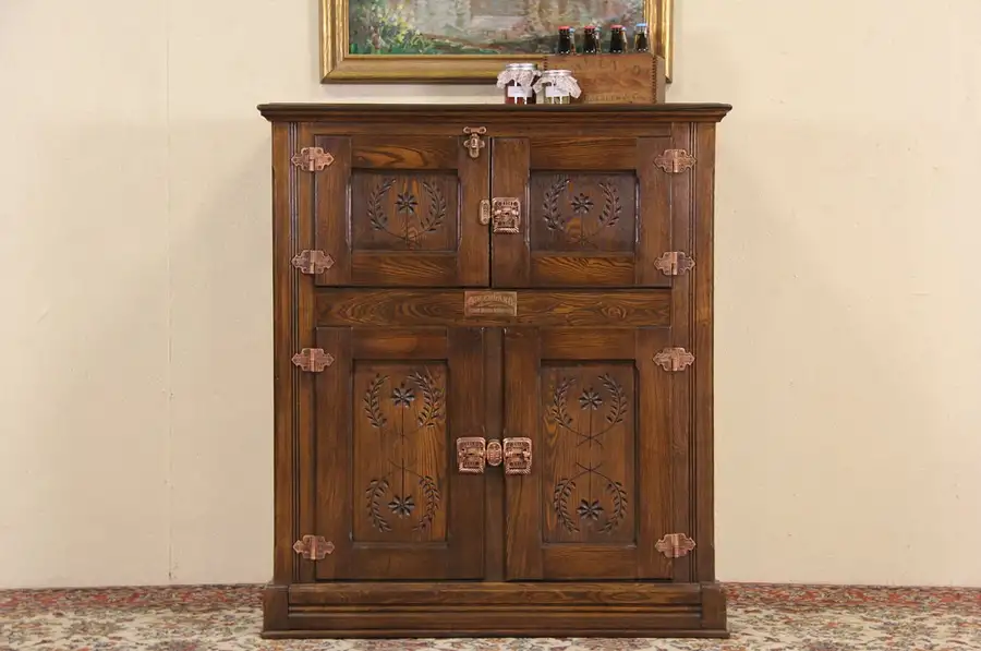 Main image of Greenland 1890 Antique Oak Icebox, Original Bronze Hardware