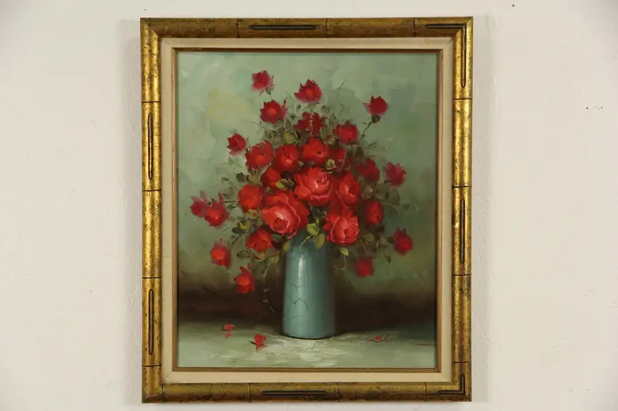 Main image of Red Roses Still Life Vintage Signed Oil Painting