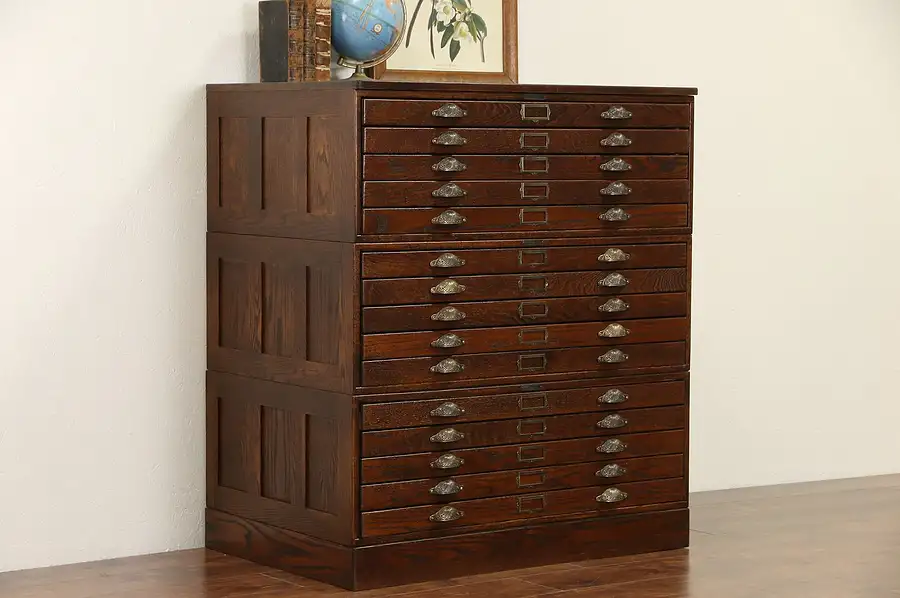Main image of Oak Vintage Stacking Map Chest, Document or Art Drawing File Cabinet, Signed