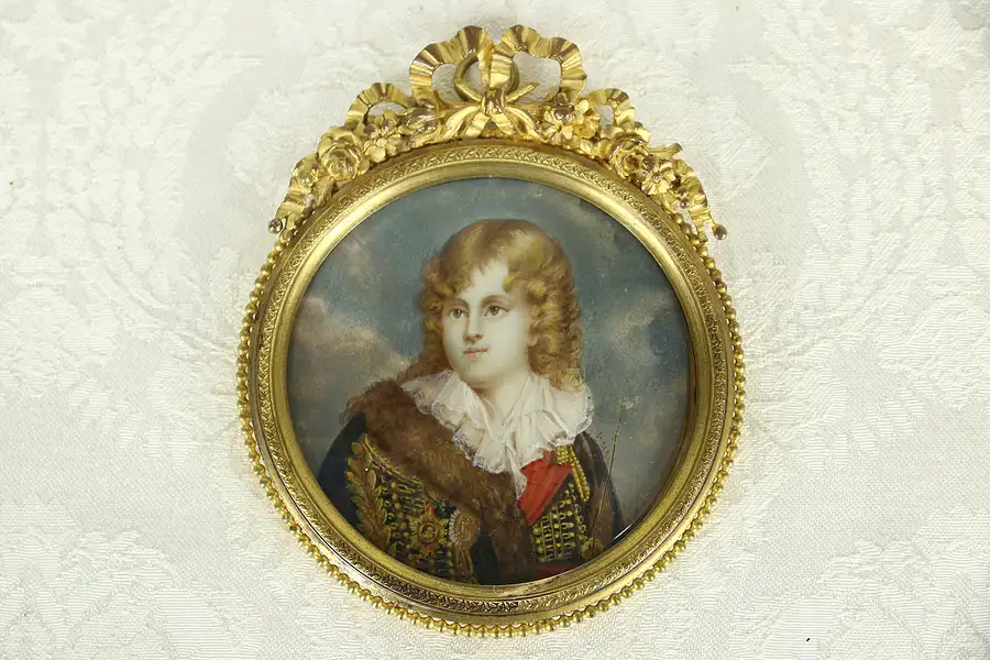 Main image of French 1830 Antique Miniature Portrait on Bone, Bronze Frame, signed Lemax